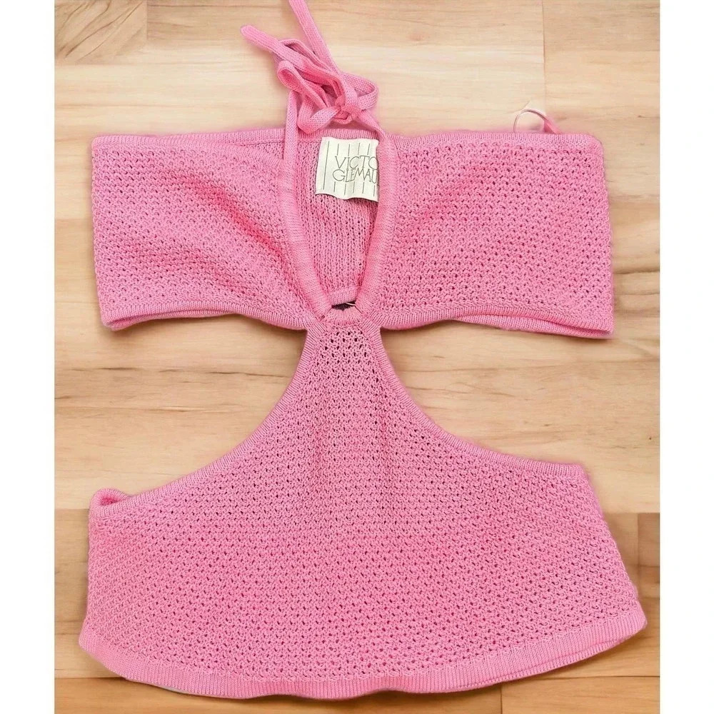 Revolve Victor Glemaud NWT’s crochet cut out halter top in neon pink. Size XL